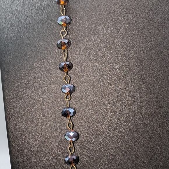 Antiqued Brown Crystal Glass Bead Rosary Chain Bronze Leaf Pendant 36" Necklace - Picture 3 of 5